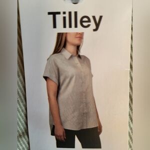 Tilley Women's Button Down Camp Shirt, Beige, Collared, Rolled Up Sleeves, Small